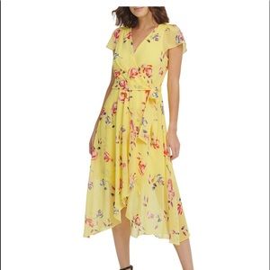 DKNY Floral Print Flutter Sleeve Midi Dress